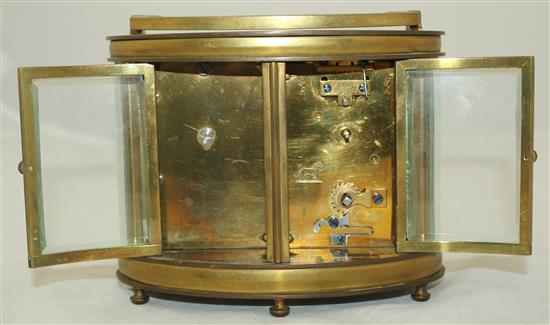 An early 20th century Duvernoy brass combined carriage timepiece and barometer, width 6in.